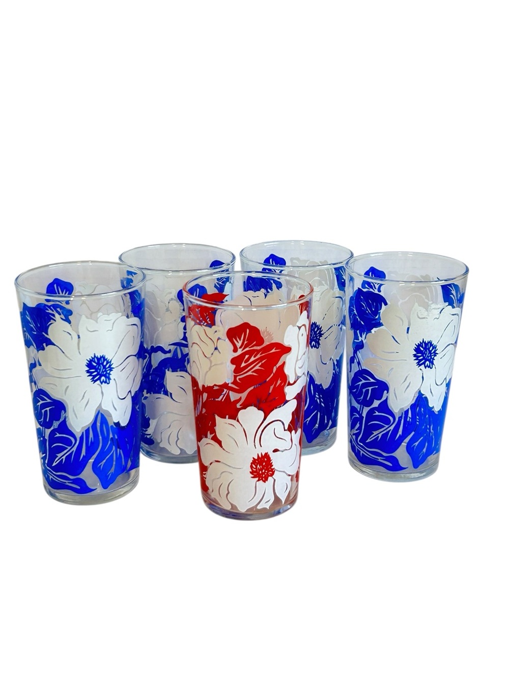 MCM Fired On Blue/White Red/White Floral Glass Tumbler Set of 5
